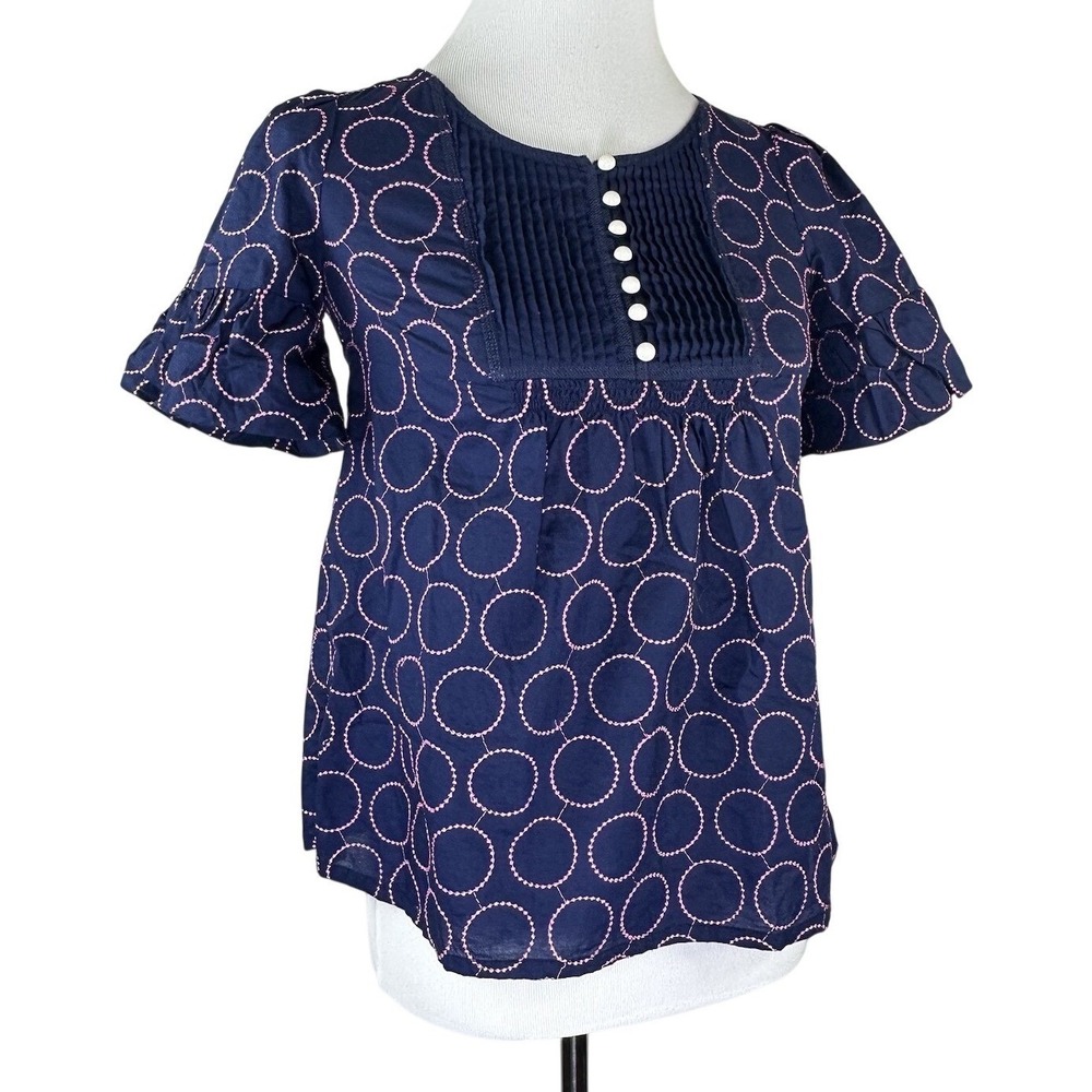 Lilly Pulitzer Blue Pink Embroidered Pintuck Ruffle Short Sleeve Top Women's 2